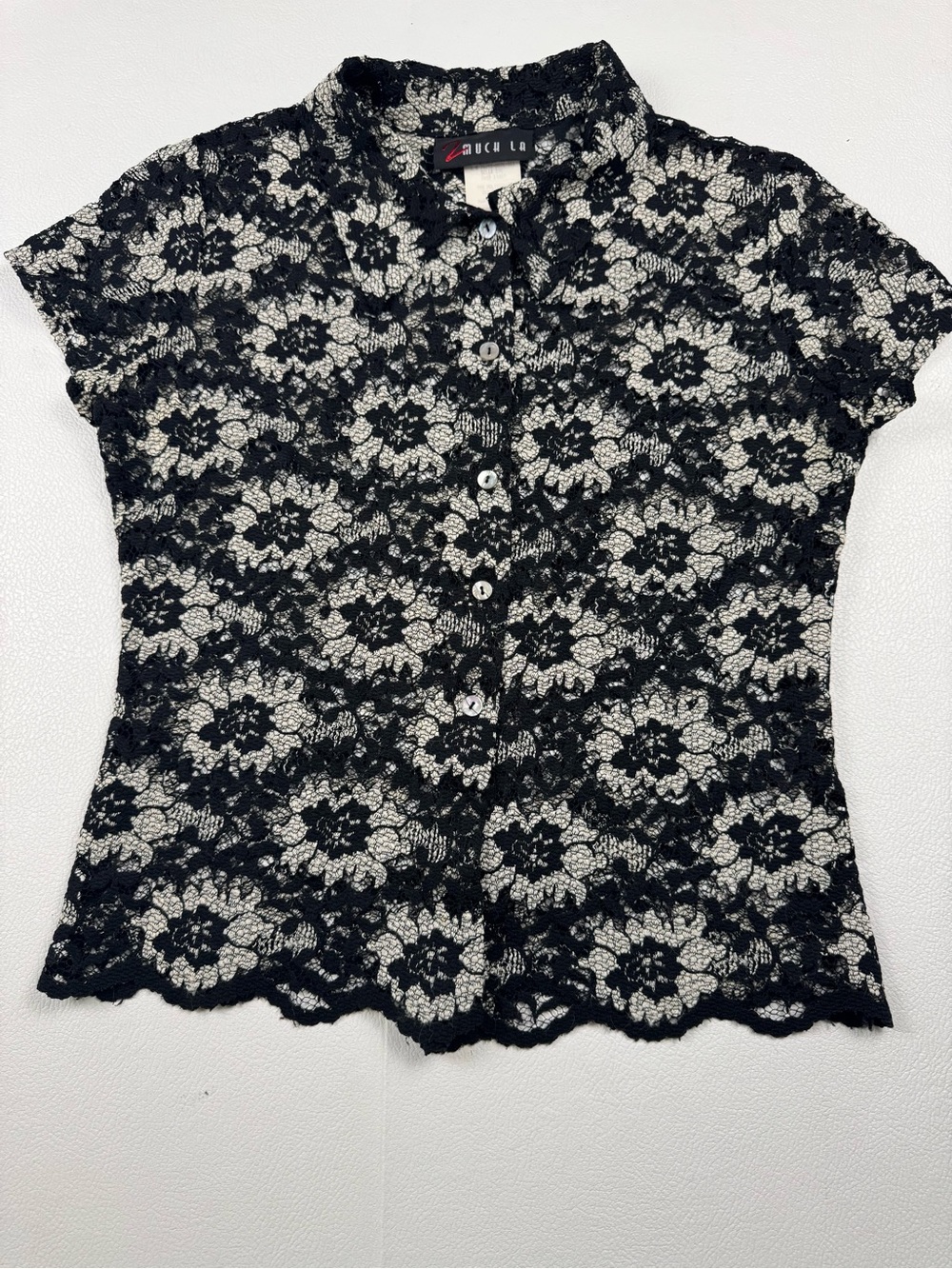Z Much LA Black Floral Lace Button Front Blouse Sheer Scalloped Hem